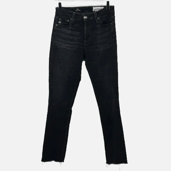 AG Adriano Goldschmied Mari High Rise Straight Raw Hem Jeans in Washed Black -26 - Picture 1 of 9